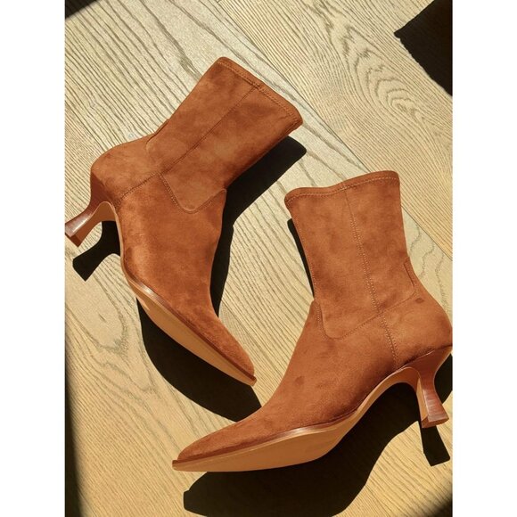 Women's Dark Brown Pointed Toe Ankle Boots Stacked Kitten Low Heel Side Zipper - Picture 2 of 6